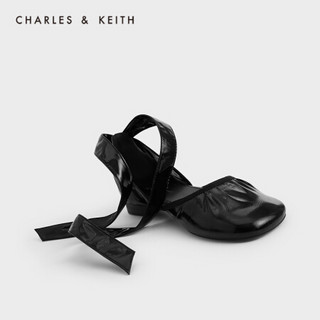 CHARLES＆KEITH2021春新品CK1-70900266女士褶皱绑带设计平跟凉鞋 Black黑色 38