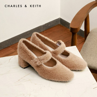 CHARLES＆KEITH2021春季CK1-60920230女士毛绒高跟玛丽珍鞋单鞋 Camel驼色 34