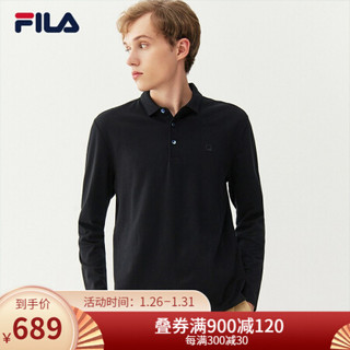 FILA 斐乐官方 男士长袖POLO2021年春季新款运动商务黑色POLO衫 正黑色-BK 175/96A/L