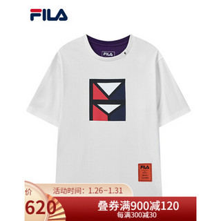 FILA × MIHARA 斐乐男士短袖2021春季新款圆领纯棉运动休闲T恤 白色拼星河紫-WT 175/96A/L