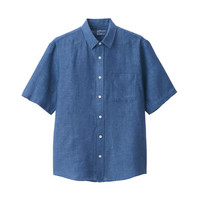 無印良品 MUJI 無印良品 男式 法国亚麻水洗 短袖衬衫 休闲衬衫 烟熏蓝色 S