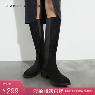 CHARLES＆KEITH2021春季CK1-90360347女士简约松紧带高筒靴 Black Textured黑色纹理 38