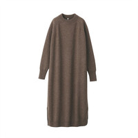 無印良品 MUJI 無印良品  女式 含牦牛绒羊毛 高圆领连衣裙 深咖啡棕色 M-L