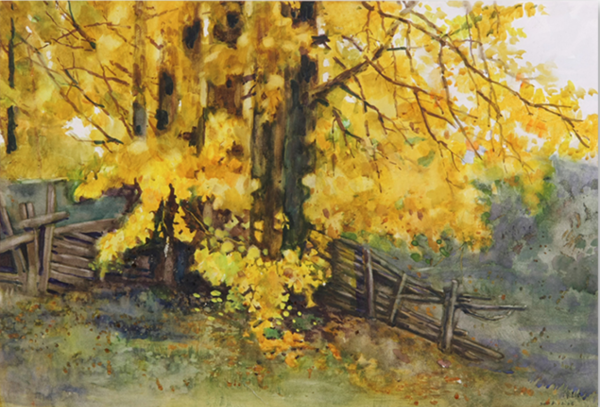 现代装饰画水彩风景画千年银杏谭漾甜返璞