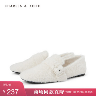 CHARLES & KEITH CK1-70900162-1 女士绊带毛绒平底乐福鞋 White白色 39