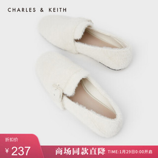 CHARLES & KEITH CK1-70900162-1 女士绊带毛绒平底乐福鞋 White白色 39