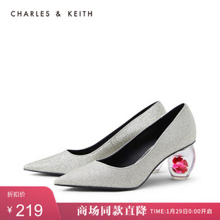 CHARLES＆KEITH2021春季新品CK1-60280276女士设计跟尖头高跟单鞋 Silver银色 34