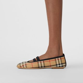 BURBERRY 女鞋 徽标细节格纹棉质芭蕾鞋 80380561