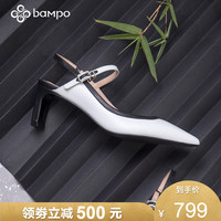 半坡真皮女鞋商场同款包头中跟凉鞋尖头高跟鞋浅口单鞋后空女凉鞋