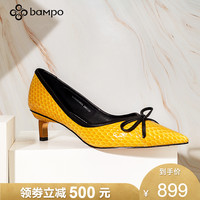 半坡正品女鞋春季新款真皮蝴蝶结尖头蛇皮浅口细跟高跟鞋套脚单鞋