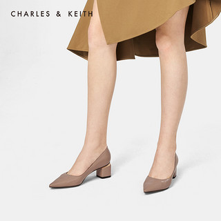 CHARLES&KEITH2020秋冬女鞋CK1-60920175粗跟尖头高跟单鞋（39、Black Textured黑色纹理）