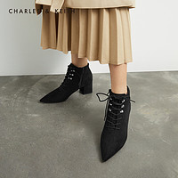 CHARLES&KEITH秋冬女靴CK1-91680063女高跟短靴(35、Black黑色)