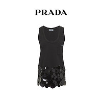 Prada/普拉达黑色LOGO圆片拼接低圆领无袖女士背心上衣