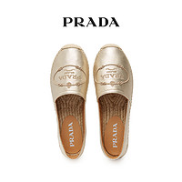 Prada/普拉达黑色/金色羊皮Logo女士草编底渔夫鞋乐福鞋