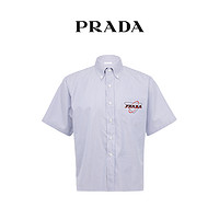 Prada/普拉达蓝白色条纹棉质徽标印花男士短袖衬衫衬衣