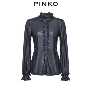 PINKO2020秋冬女装荷叶饰边灯笼袖皮革效果衬衫上衣1G150CY6B