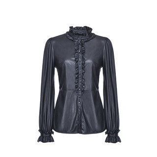 PINKO2020秋冬女装荷叶饰边灯笼袖皮革效果衬衫上衣1G150CY6B