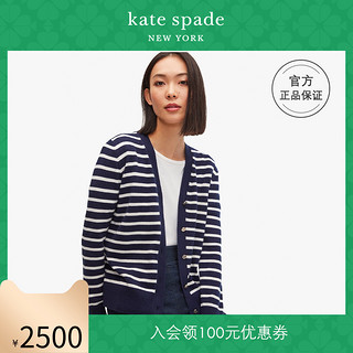 kate spade ks 女士罗纹针织条纹V领时尚四叶花纽扣开襟羊毛衫