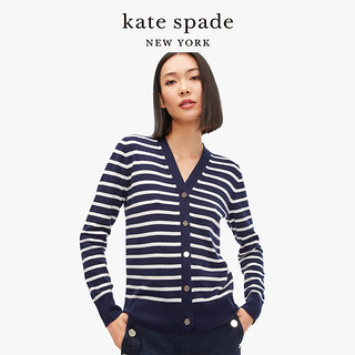 kate spade ks 女士罗纹针织条纹V领时尚四叶花纽扣开襟羊毛衫