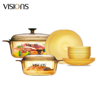 康宁visions晶彩225l透明锅晶彩325l透明锅琥珀色晶莹系列餐具8件组