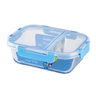 美国康宁Snapware耐热玻璃保鲜盒840ml大容量微波炉饭盒两分隔 密封便当盒餐盒 天青蓝-单件