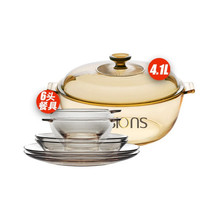 VISIONS康宁餐具 玻璃饭碗盘子和汤锅玻璃锅锅具组合 4.1L晶莹锅+6头餐具(碗2+深盘2+浅盘2)