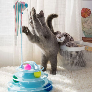 猫玩具猫转盘球逗猫棒四层滚球逗猫玩具小猫幼猫猫咪玩具球 樱花粉+仙女逗猫棒