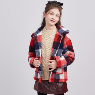 笛莎童装女童外套2020冬季儿童可爱时尚外套上衣红格子 130