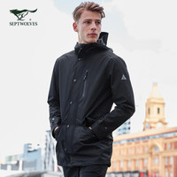 七匹狼风衣 男士2020秋季夹克青年户外运动外套连帽长袖多袋冲锋衣男装衣服 001(黑色) 185A