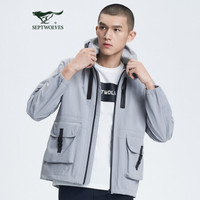 七匹狼风衣男士2021春季户外机能多口袋可收纳帽设计外套1H1B10106575 005(浅灰) 170/92A/M