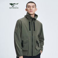 七匹狼 风衣男士2021春季户外机能多口袋可收纳帽设计外套1H1B10106575 203(军绿) 165/88A/S