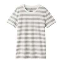 無印良品 MUJI 無印良品  女式 印度棉天竺编织 圆领短袖T恤 浅灰色X横条 L