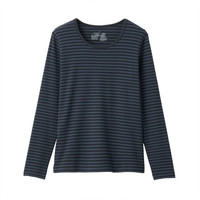 無印良品 MUJI 無印良品 女式 弹力罗纹编织 圆领长袖T恤 蓝色X图案 XS