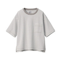 無印良品 MUJI 無印良品 女式 粗棉线天竺编织 宽版圆领T恤 短袖 银灰色X横条 M-L