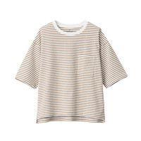 無印良品 MUJI 無印良品 女式 粗棉线天竺编织 宽版圆领T恤 短袖 烟熏棕色X横条 M-L