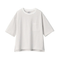 無印良品 MUJI 無印良品 女式 粗棉线天竺编织 宽版圆领T恤 短袖 浅灰色X横条 XS-S