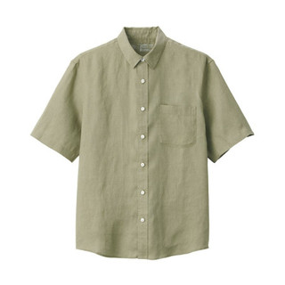 無印良品 MUJI 無印良品  男式 法国亚麻水洗 短袖衬衫 休闲衬衫 浅绿色 S