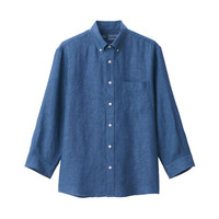 無印良品 MUJI 無印良品  男式 法国亚麻水洗 纽扣领七分袖衬衫 休闲衬衫 烟熏蓝色 M