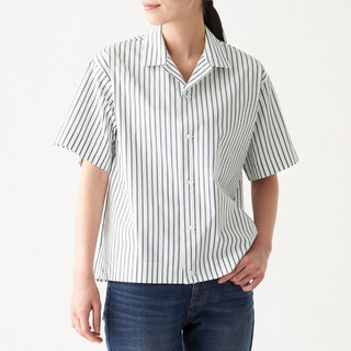 无印良品 MUJI 女式 棉混弹力 短袖开襟衬衫 黑色X条纹 M-L