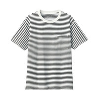 無印良品 MUJI 無印良品 女式 粗棉线天竺编织 圆领短袖T恤 黑色X横条 XL