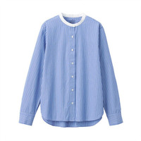 無印良品 MUJI 無印良品 女式 棉水洗平纹 立领衬衫 蓝色条纹 M