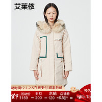 艾莱依2020冬季新款时尚大毛领羽绒服女中长款印花撞色派克服6019AA01210 砂石驼 175