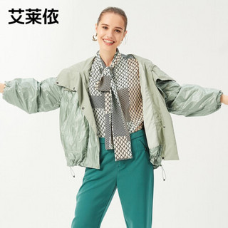 艾莱依轻薄羽绒服女时尚短款拼接连帽轻羽绒服休闲百搭宽松潮外套 生机绿 160