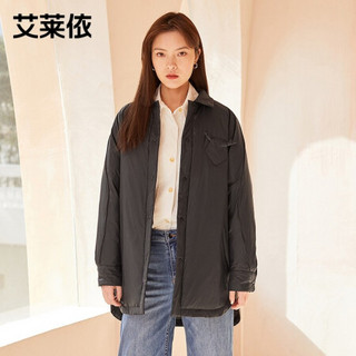 艾莱依轻薄羽绒服女2021新款休闲小个子羽绒大衣翻领衬衫式外套 黑色 165