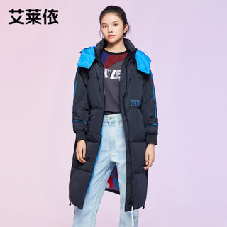 艾莱依秋冬新款时尚直筒连帽羽绒服女中长款冬外套601901252 炭黑-百事联名 155/80A/S