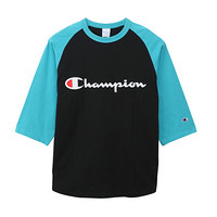 Champion冠军 ACTION STYLE草字印花LOGO撞色牛角袖宽松短袖T恤男 黑色 M