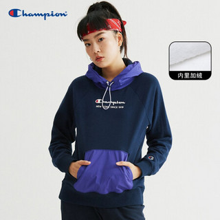 Champion冠军秋冬新款女式草写LOGO拼接连帽卫衣纯棉 深蓝色拼接 XL