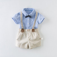 davebella戴维贝拉夏季装儿童男童套装 宝宝绅士短袖背带裤两件套 蓝白条纹 73cm（建议身高66-73cm）