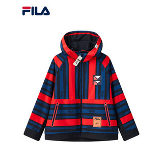 FILA x MIHARA斐乐官方男子梭织连帽外套长袖条纹宽松开衫 红色拼藏青条纹-RD 180/100A/XL