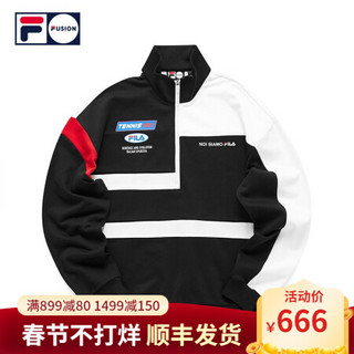 FILA FUSION 男子套头卫衣2021春季新款拼接LOGO运动宽松休闲服 深黑-BK 180/100A/XL